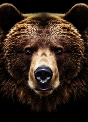 Brown bear facing forward with rounded ears, pale muzzle and golden fur highlights against black.