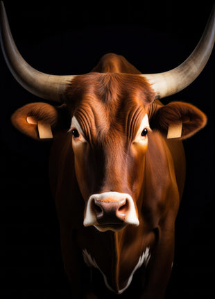 Brown bull with wide upward-curving horns, pale muzzle and ear tags against black.