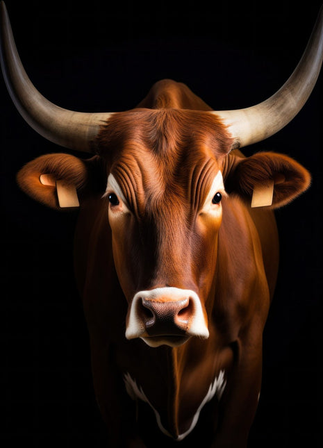 Brown bull with wide upward-curving horns, pale muzzle and ear tags against black.