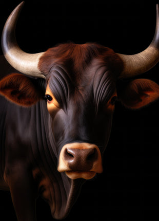 Brown bull with wide curved horns and a warmly lit muzzle against black.