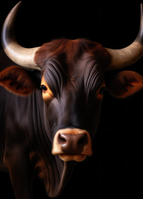 Brown bull with wide curved horns and a warmly lit muzzle against black.