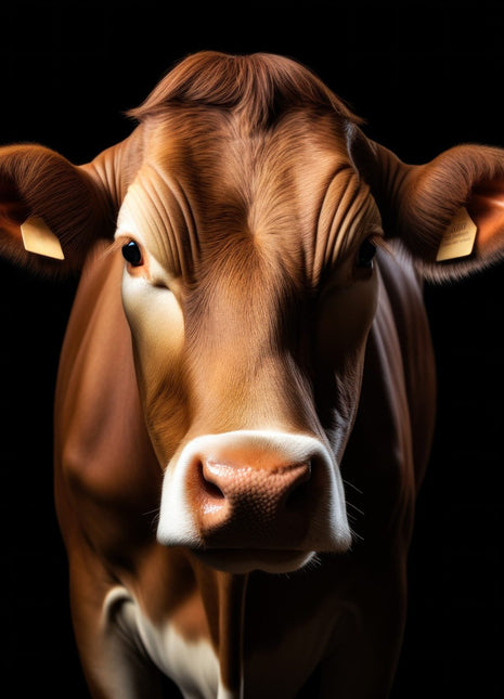 Brown cow with a swept forelock, pale-edged muzzle and ear tags against black.