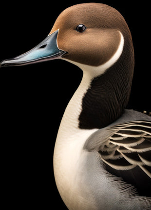 Brown duck in left profile with blue-gray bill, white neck stripe and patterned back.