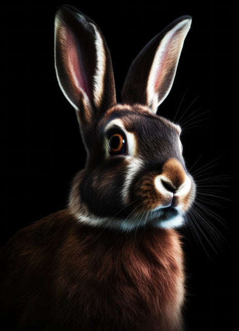 Dark brown rabbit looking right with upright ears, pale muzzle and light chin marking.