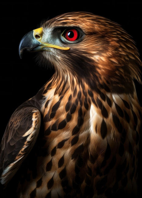 Brown raptor facing left with ruby-colored eye and dark markings on a golden chest.