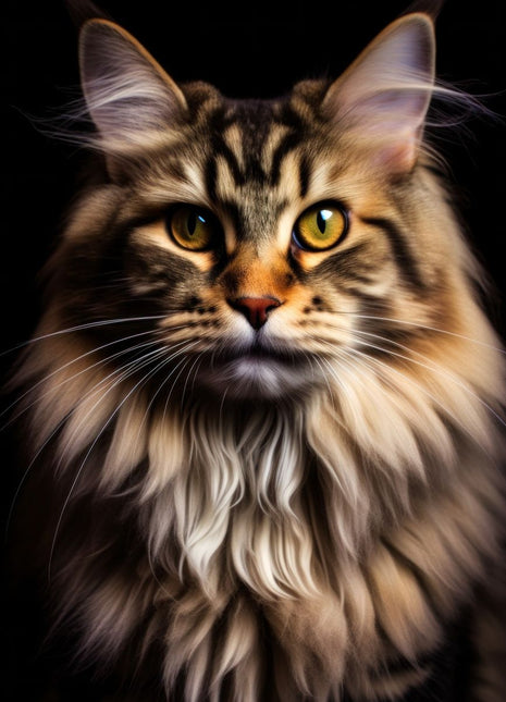 Long-haired brown tabby with tall tufted ears, golden eyes and cream-highlighted chest fur.