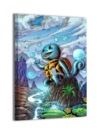 Playful Squirtle art sitting on a rock by stream, 12x18 canvas