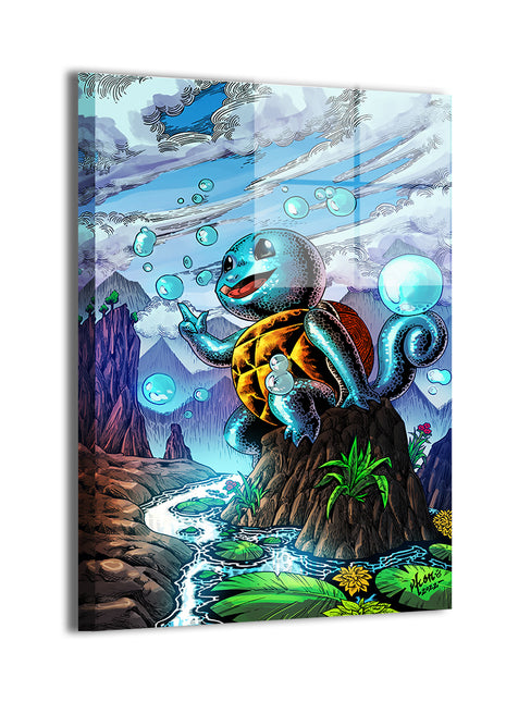  Playful Squirtle art sitting on a rock by stream, 12x18 Acrylic