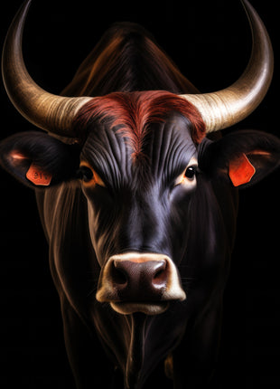 Dark bull with copper-red forehead highlights, curved horns and ear tags against black.