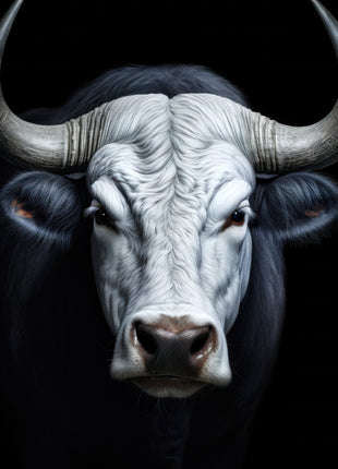 Black-coated bull with a white face, broad horns and dark muzzle against black.