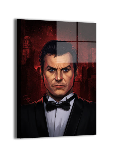 Bruce Wayne cinematic red-sky artwork; metallic sheen.