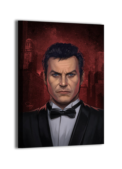 Bruce Wayne close-up portrait by Sam Dela Torre; gallery-wrapped.