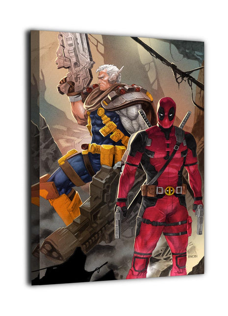 Cable holding a large firearm behind Deadpool with paired pistols, artwork by Ryan Pasibe