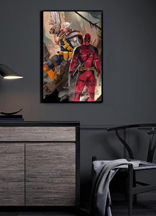 Firepower and Wisecracks Cable and Deadpool wall art displayed above a cabinet in a dark-room mockup