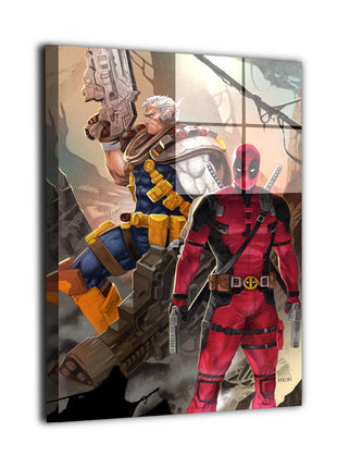 Angled reflective view of Cable and Deadpool wall art with futuristic firearms, blue armor, and a red-and-black suit
