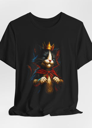 Draped front view of the black Cait Sith Crowned Cat Graphic T-Shirt.