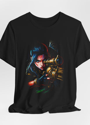 Draped front view of the black Caitlyn Rifle Focus Graphic T-Shirt.