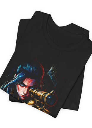 Folded view of the black Caitlyn Rifle Focus Graphic T-Shirt.