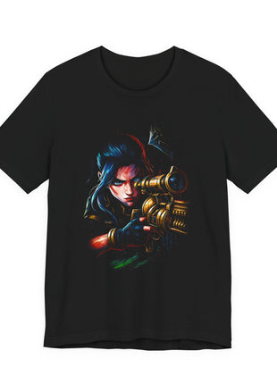 Front view of the black Caitlyn Rifle Focus Graphic T-Shirt.