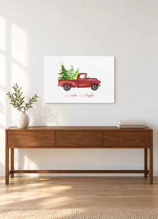 Calm and Bright Delivery wall art displayed above a walnut console against a white wall