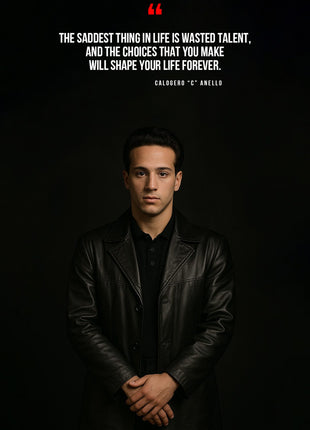 Calogero Anello in a dark portrait beneath white quotation text and a red quotation mark.