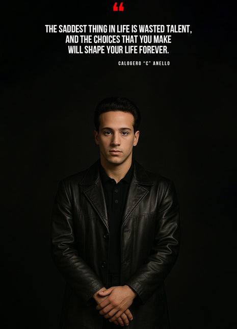 Calogero Anello in a dark portrait beneath white quotation text and a red quotation mark.