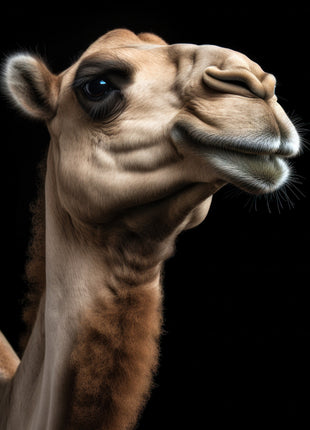 Sandy-brown camel looking upward to the right with a raised muzzle and long neck against black.