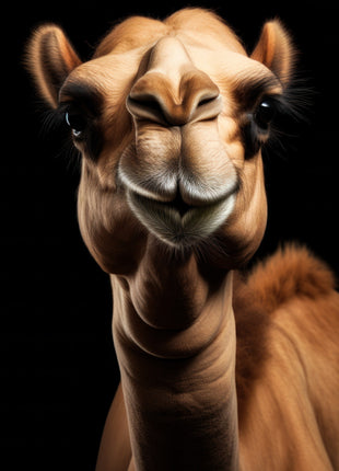Front-facing camel with folded lips, curved neck and russet shoulder against black.