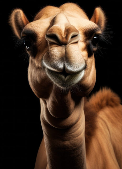 Front-facing camel with folded lips, curved neck and russet shoulder against black.