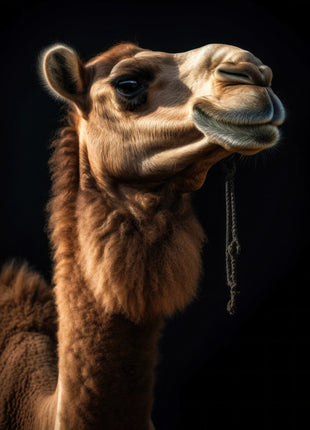 Shaggy brown camel in right-facing profile with a raised chin and curved muzzle on black.