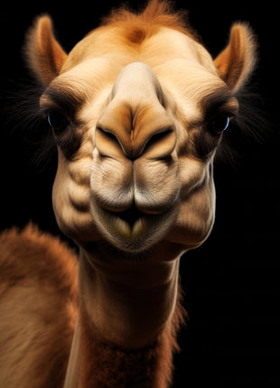 Front-facing golden-brown camel with rounded muzzle, folded lips and a tufted head against black.
