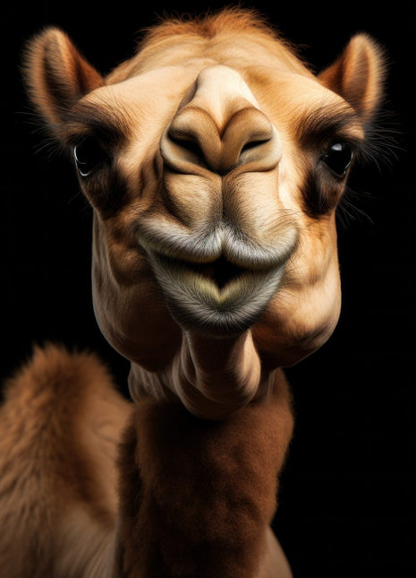 Golden-brown camel facing forward with folded lips, full cheeks and a long neck against black.