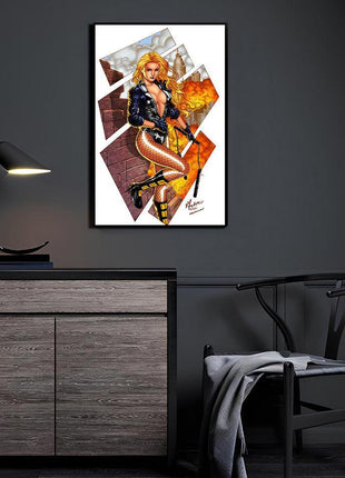 Black Canary acrylic wall art with Dinah Lance in a fire-lit rooftop portrait by Vhon Remot