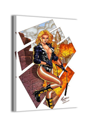 Black Canary canvas wall art with Dinah Lance in a fire-lit rooftop portrait by Vhon Remot