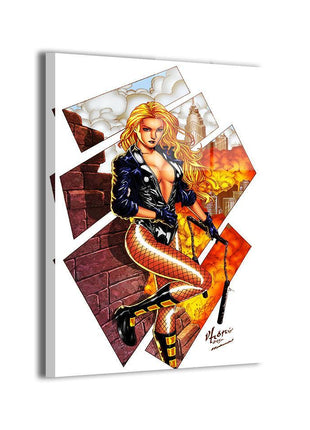Black Canary metal wall art with Dinah Lance in a fire-lit rooftop portrait by Vhon Remot