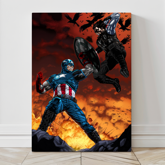 “Winter Soldier vs Captain America Wall Art – intense Marvel battle scene on canvas, acrylic, or metal.”