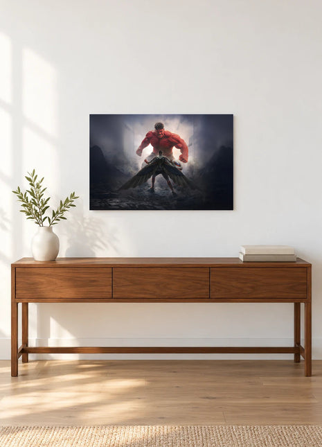 Captain America Red Hulk Rising acrylic wall art displayed above a wooden console with a leafy vase and stacked books against a white wall.