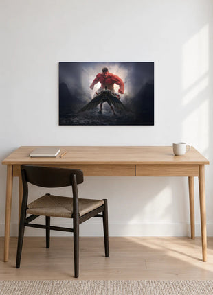 Captain America Red Hulk Rising acrylic wall art displayed above a wooden desk with a notebook, pencil and white mug against a white wall.