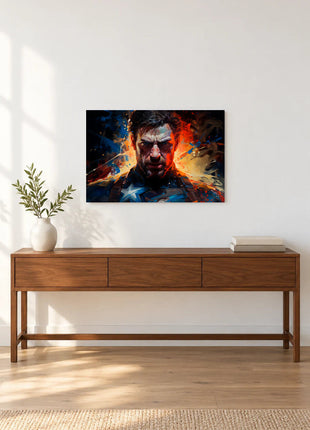 Captain America Unbroken Resolve acrylic wall art displayed above a wooden console with a leafy vase and stacked books against a white wall.