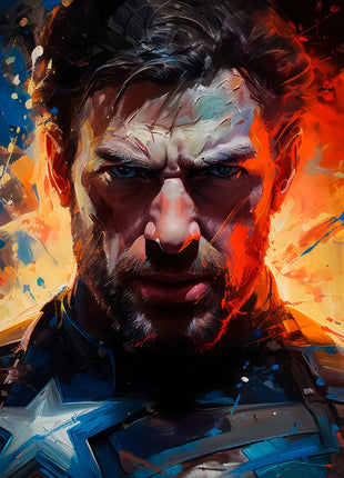 Captain America Unbroken Resolve original artwork with an unmasked stern face, white chest star and orange-blue paint.