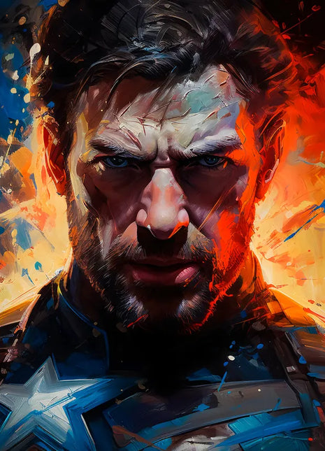 Captain America Unbroken Resolve original artwork with an unmasked stern face, white chest star and orange-blue paint.