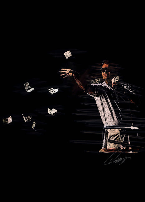 Cash in Midair: captures a man in a striped shirt sending loose banknotes across a black field.