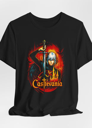Draped front view of the black Castlevania Silver Hair and Sword Graphic T-Shirt.
