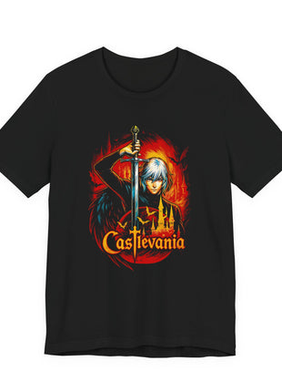 Front view of the black Castlevania Silver Hair and Sword Graphic T-Shirt.