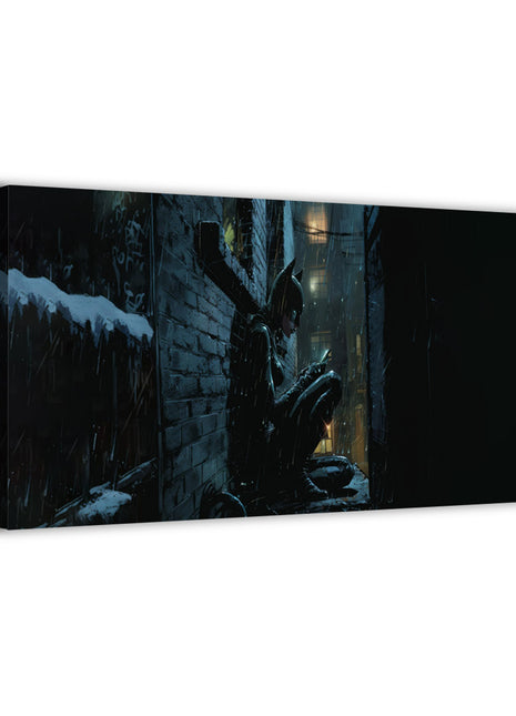 Batgirl wall art featuring a rain-soaked Gotham alley, dark urban landscape, and moody noir vibes, available in canvas, acrylic, and metal prints