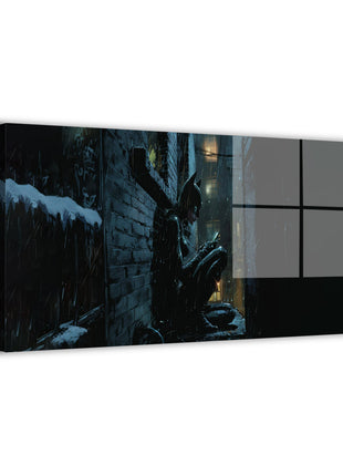 Batgirl wall art featuring a rain-soaked Gotham alley, dark urban landscape, and moody noir vibes, available in canvas, acrylic, and metal prints