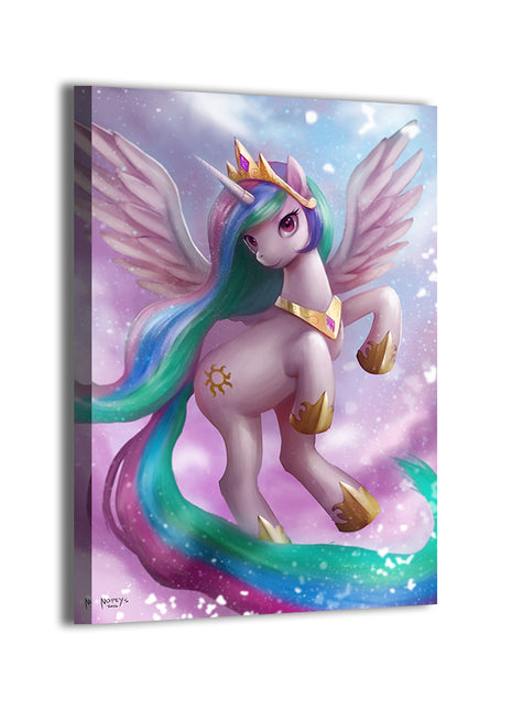 Celestial Dawn Princess Canvas Print — Princess Celestia in sunrise glow with regal wings; artwork by Nopeys; gallery-wrapped, ready to hang.