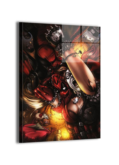 Chaos Clash Harley Quinn vs Deadpool wall art — Marvel vertical print by Savy Lim, image 1.