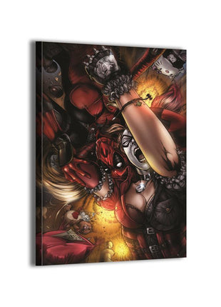 Chaos Clash Harley Quinn vs Deadpool wall art — Marvel vertical print by Savy Lim, image 2.
