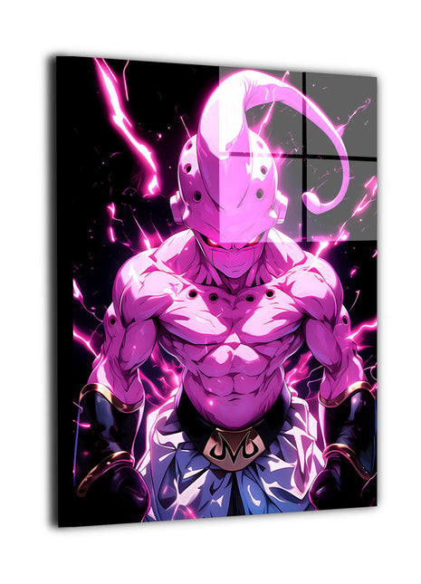 Ultra-sharp metal wall art portraying a battle-ready anime foe with glowing eyes and destructive energy aura